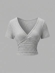 EMERY ROSE Áo thun nữ mùa hè màu trơn cổ chữ V tay ngắn ôm sát dáng casual thoải mái cho kỳ nghỉ - Màu Xám nhạt - Xem 3