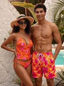 Azuldrift Men's Orange Floral Summer Boho Beach Holiday Holiday Print Drawstring Swim Trunks,Hawaiian Couples Matching Swimwear All Over Print Beachwear - Multicolor - View 7