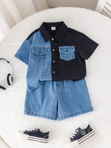 SHEIN 2件套男女宝宝休闲时尚撞色牛仔短袖衬衫和短裤套装，男宝宝服装，男宝宝夏季服装，街头风，牛仔裤 - 黑色 - 查看 5