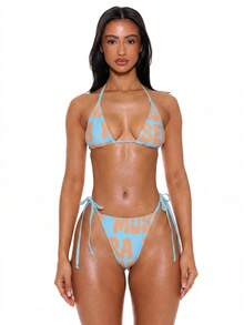 Musera Resort Graphic Slogan Print Bikini Top Only Y2k Sexy Vacation Holiday Cute Swim Beach Summer - Baby Blue - View 5