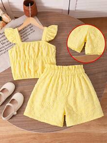 SHEIN 2pcs/Set Tween Girls Sweet Princess Butter Yellow Floral Embroidery Jacquard Vest & Shorts Set,Spring/Summer Ruffle Sleeve Top & Shorts For Wedding - Yellow - View 5