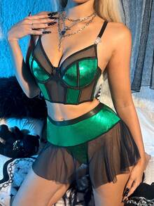 3件套女士性感内衣套装，包括性感文胸、内裤和腰裙 - 墨綠色 - 查看 3