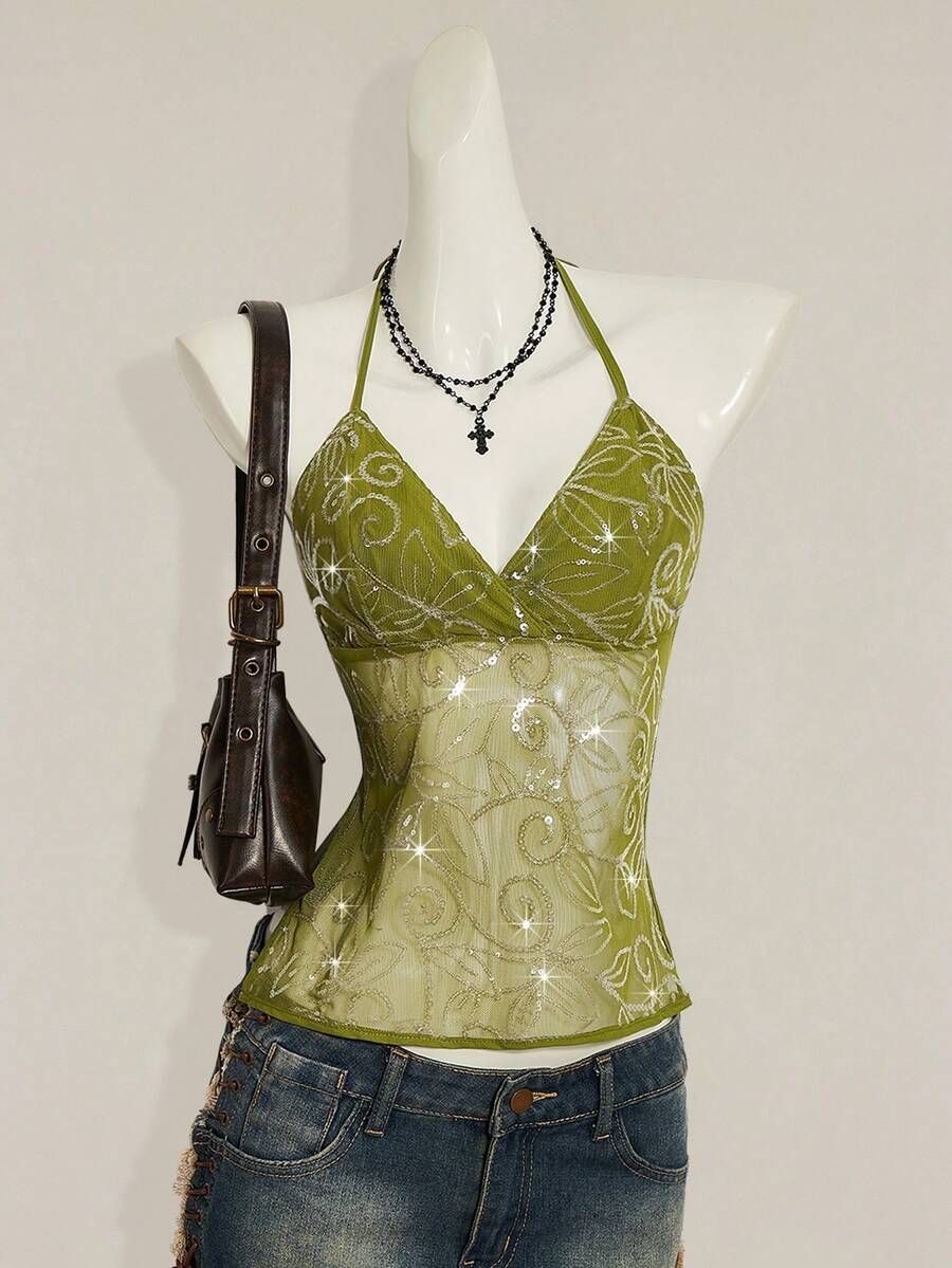 SHEIN ICON 女士 Y2K 性感花卉蕾丝露背吊带衫 - 軍綠色 - 查看 1
