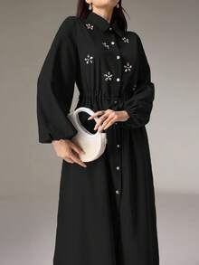 Modelyn Set de camisa y pantalones elegantes con decoración de rhinestones para uso diario - Negro - Ver 4