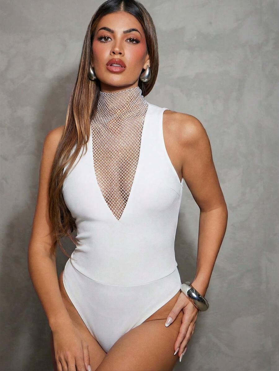 Hauture Sleeveless Rhinestone Mesh Insert Night Out Bodysuit - White - View 1