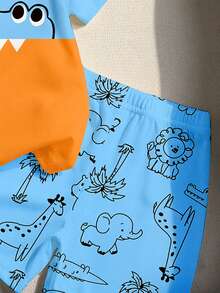 SHEIN Playful Pals Baby Boy Casual Cute Cartoon Animal Print Patchwork Contrast Color Crew Neck T-Shirt And Matching All-Over Animal Print Shorts Set, Suitable For Summer, Korean Style Zoo Tiger Expression Shark Silhouette Contrast Orange And Yellow Cute Patchwork Color Block Design - Multicolor - View 4