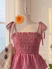 Comfortcana Plus Size Summer Vacation Ruffled Red Plaid Pinafore Camisole & Camisole - Red - View 3