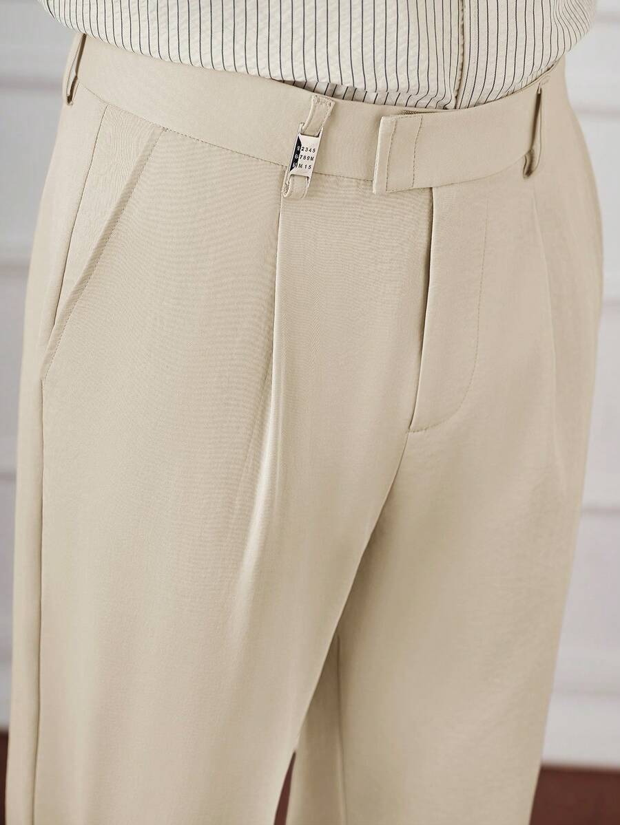 Core Aspect Men's Khaki Cropped Dress Pants With Pockets Plain Woven Fabric Minimalist Casual Style