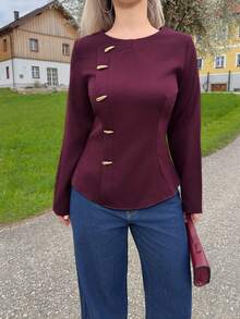 Jeta Ari Woven Non-Stretch Black Long Sleeve Metal Button Fitted Outdoor Blouse, Fashionable & Elegant For Women - Burgundy - View 3