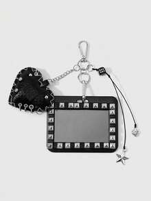 ROMWE 1 Y2k Retro Personalized Fashion Heavy Industry Punk Dark Wind Goth Black Leather Rivets Hand-Sewn Edge Three-Dimensional Cotton Filling Love Knotted Lace Resin Dice Ancient Silver Strawberry Star Acrylic Horizontal Card Sliding Cover Card Campus Card ID Card Cover Work Card Cover Star Card Travel Traffic Card Cover DIY Keychain Bag Pendant, Suitable For Office Workers, Students, Party Girls And Ladies Daily Wear, Holiday Gifts - Black-152 - View 10