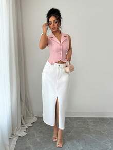 Elenzga Chân váy dài denim trắng dành cho nữ, có túi bên hông và đường xẻ cao ở gấu váy. - trắng - Xem 4