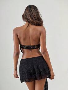 SHEIN ICON Women's Solid Color Lace Sexy Halter Backless Top - Black - View 3