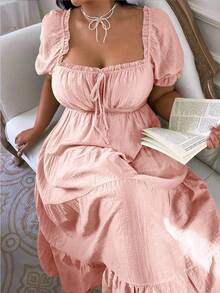 Lyrianda Plus Size French Ruffle Bow Tie Waist Spring/Summer Regular Dress Tea Party Dusty Pink Cottagecore Cute Comfy - Pink - View 6