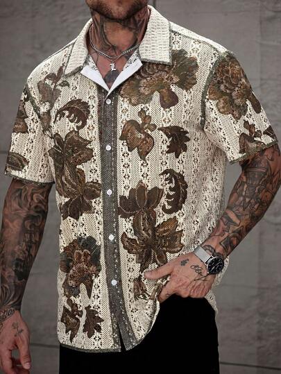 Manfinity Homme Plus Size Men's Casual Hollow Out Jacquard Vacation Loose Brown Short Sleeve Shirt,Men Old Money,Daily Leisure, Weekend Trips, Outdoor Activities, Travel Expeditions, Relaxed Work Environments Or Semi-Formal Occasions, Boyfriend/Husband Gift, Anniversary /Birthday Gift Party Summer Vacation Holiday,Wedding,Spring To Summer,Easter,Y2k,Vintage,Festival,Mens Summer Short Sleeve Button Up Shirt With Hollow Out Floral Print Design,Men Vintage Print Shirt,Men Short Sleeve Shirt,Men Floral Print Shirt,Men Lace Shirt,Men Button Up Shirt