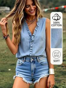 EMERY ROSE 女士纯色V领荷叶边休闲百搭日常上衣 - 藍色 - 查看 7