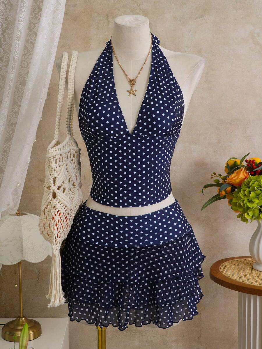 Bellisia Conjunto de traje de baño de verano para mujer de 3 piezas, top de bikini con estampado de lunares y escote halter, combinado con falda de volantes multicapa - Azul Marino - Ver 1