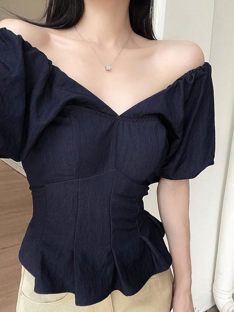 Women's V-Neck Fitted Petal Sleeve Blouse