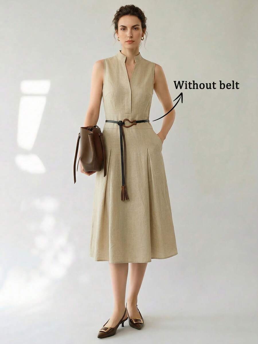 Uhlyne Ins博主最爱的夏季法式极简主义无袖立领连衣裙，高腰A字喇叭修身中长连衣裙，休闲办公百搭吊带裙（不含腰带） - 杏色 - 查看 1