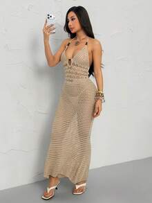 SHEIN PETITE Đầm maxi dệt kim hở lưng cổ yếm thoải mái dành cho nữ, đầm maxi mùa hè, đầm maxi đi biển, đầm móc, đầm đi nghỉ mát mùa thu/đông. - Màu be - Xem 7