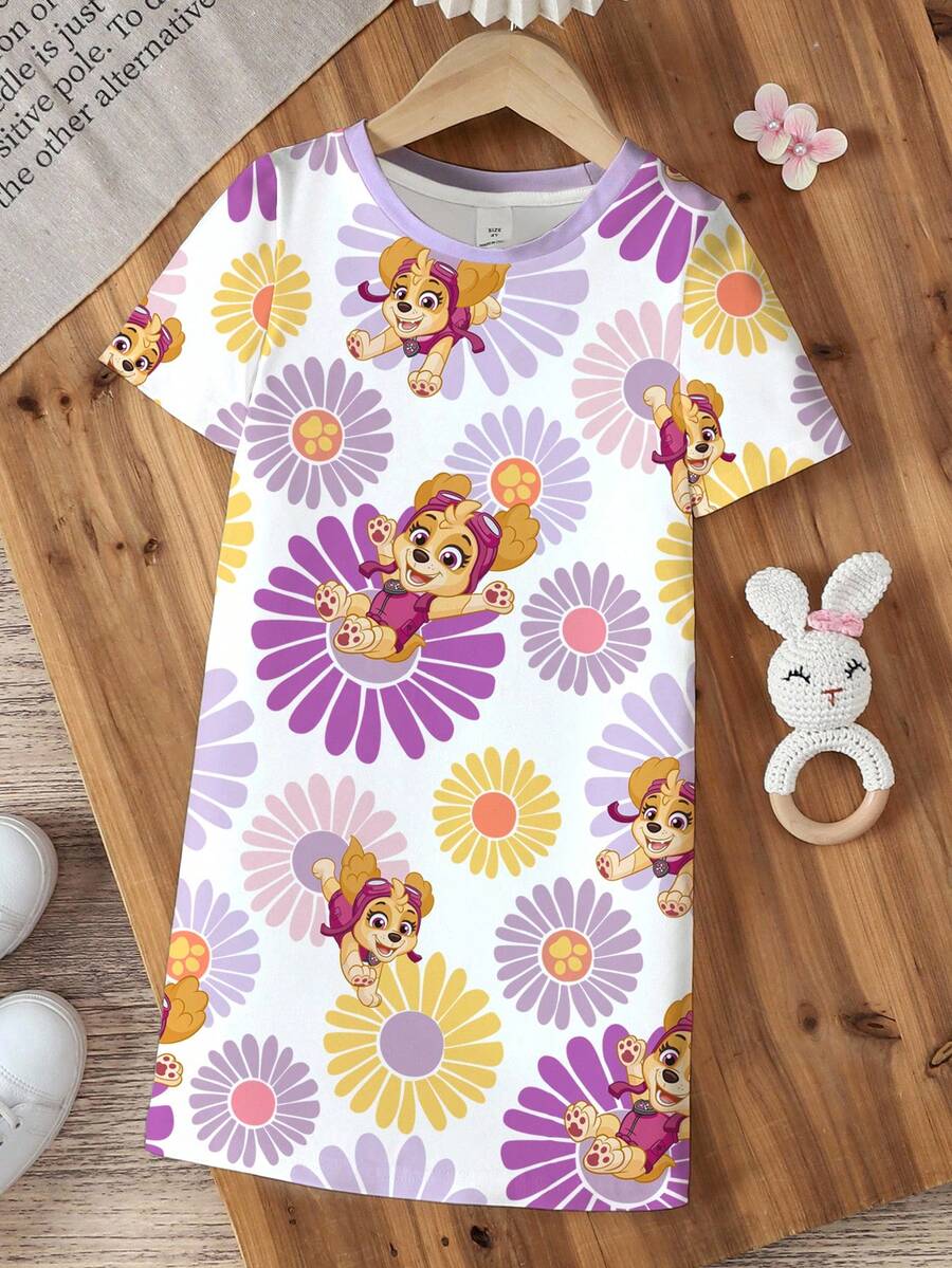 SHEIN | PAW Patrol 女童卡通印花短袖长裙 - 白色 - 查看 1