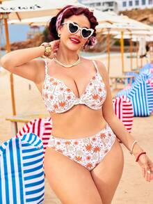 Swim Mod 大码女式两件套随机印花带衬垫背心式泳衣套装 - 芥末黃 - 查看 3