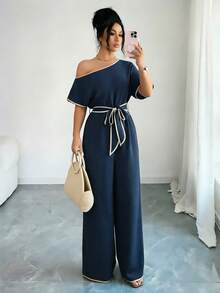Rafferiza Casual Vacation Loose Shoulder Textured Soft Elastic Waist Comfortable Slimming Wide Leg Pants, Khaki, Spring/Summer - Navy Blue - View 6