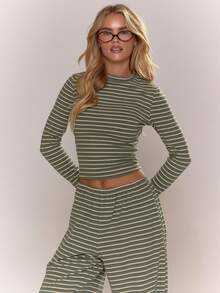 MUSERA Striped Fitted Long Sleeve Crew Neck Top Fall Autumn Cosy Cute Casual Coffee Club Elegant Spring Summer Holiday - Green - View 3