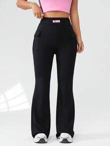 SHEIN EZwear Quần cargo cạp cao màu đen dệt kim dáng ôm thoải mái dành cho nữ - màu đen - Xem 3