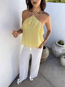 Aloruh Camiseta sin mangas con cuello halter, decoración metálica y volantes multicapa en color amarillo para mujer, primavera/verano - Amarillo - Ver 4