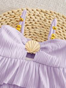 SHEIN Baby Girl One-Piece Swimsuit,Holiday Cute Polyester Summer Swimwear,Fashionable Colorful Casual White Ruffle Bathing Suit With Seashell Frilled Trim - Purple - View 3