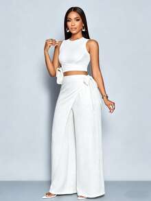 SOLERSUN Women's Linen-Like Belted High Waist Linen-Blend Tie Side Belted Wide Leg Pants - White - View 6