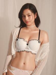 DelicateAllure 女士撞色滚边荷叶边吊带文胸 - 白色 - 查看 5