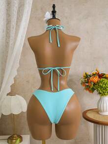 Bellisia Swim Bonvoyette 三件套泳衣，纯色特殊纹理面料，金色圆盘装饰三角上衣，高衩泳裤和连衣裙，性感女士泳装套装，春夏款 - 薄荷藍 - 查看 3