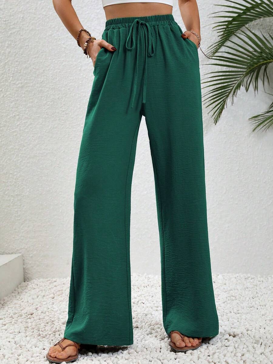 SHEIN Tall 女款卡其色休閒度假風鬆緊腰抽繩寬鬆直筒長褲,適合高個女性 - 墨綠色 - 查看 1