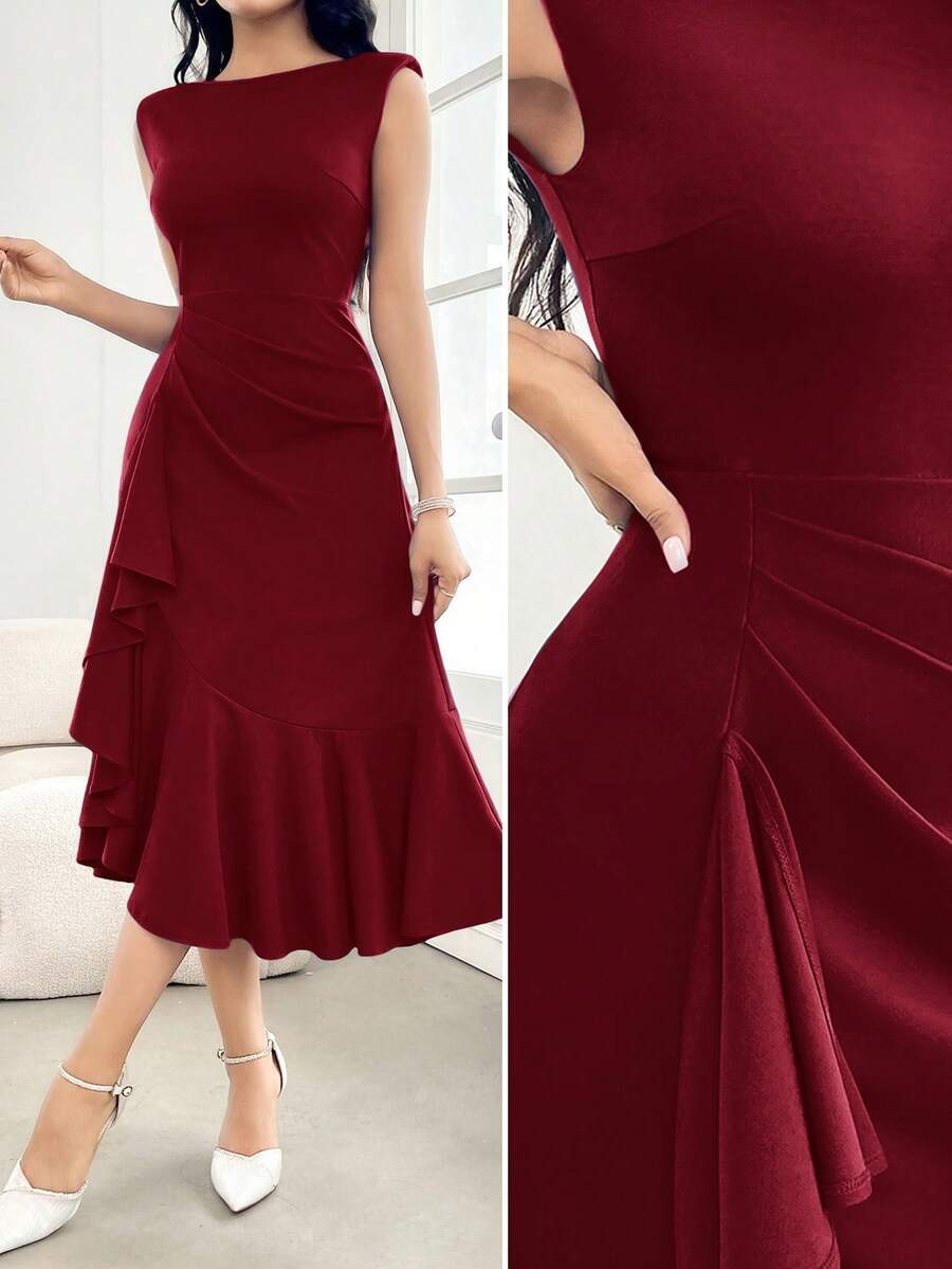 Modelyn Women's Solid Color Round Neck Ruffle Hem Pleated Elegant Dress