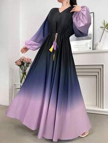 Modelyn Atasan Wanita Lengan Panjang Elegan dengan Leher V dan Warna Gradien, Cocok untuk Musim Panas - Hitam - View 5