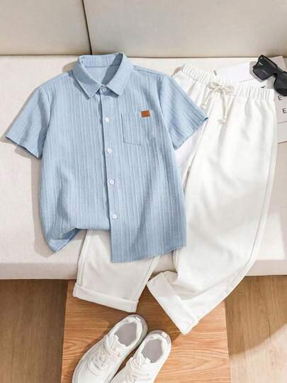Bộ 2 món đồ cho bé trai tuổi teen, kiểu dáng rộng rãi, màu trơn, áo polo cổ bẻ tay ngắn và quần.