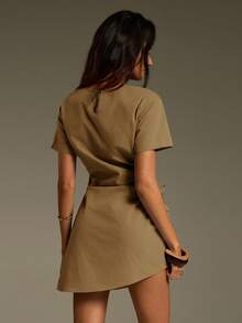 Athîral Women's Minimalist Solid Color Hollow Out Drawstring Detail Short Sleeve Mini Dress, Summer,Summer Dresses For Women - Coffee Brown - View 2