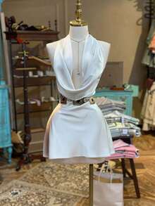 NostaNoir 女士纯色垂褶领时尚连衣裙 - 白色 - 查看 1