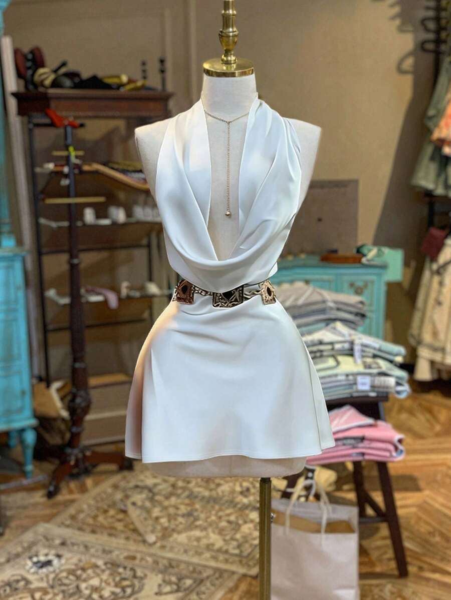 NostaNoir 女士纯色垂褶领时尚连衣裙 - 白色 - 查看 1