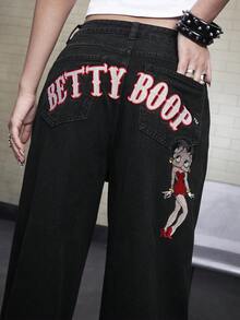Betty Boop | ROMWE Quần jeans ống đứng hợp tác thiết kế với họa tiết thêu phía sau. - màu đen - Xem 4