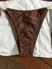 Swim Chiccia Women's Solid Color Bikini Set, Bohemian Beaded Halter Design, Waist Tie, Suitable For Beach Vacation - Brown - View 4