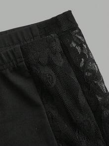 SHEIN EZwear 2pcs/Set Plus Size Solid Color Contrast Lace Leggings - Black - View 3