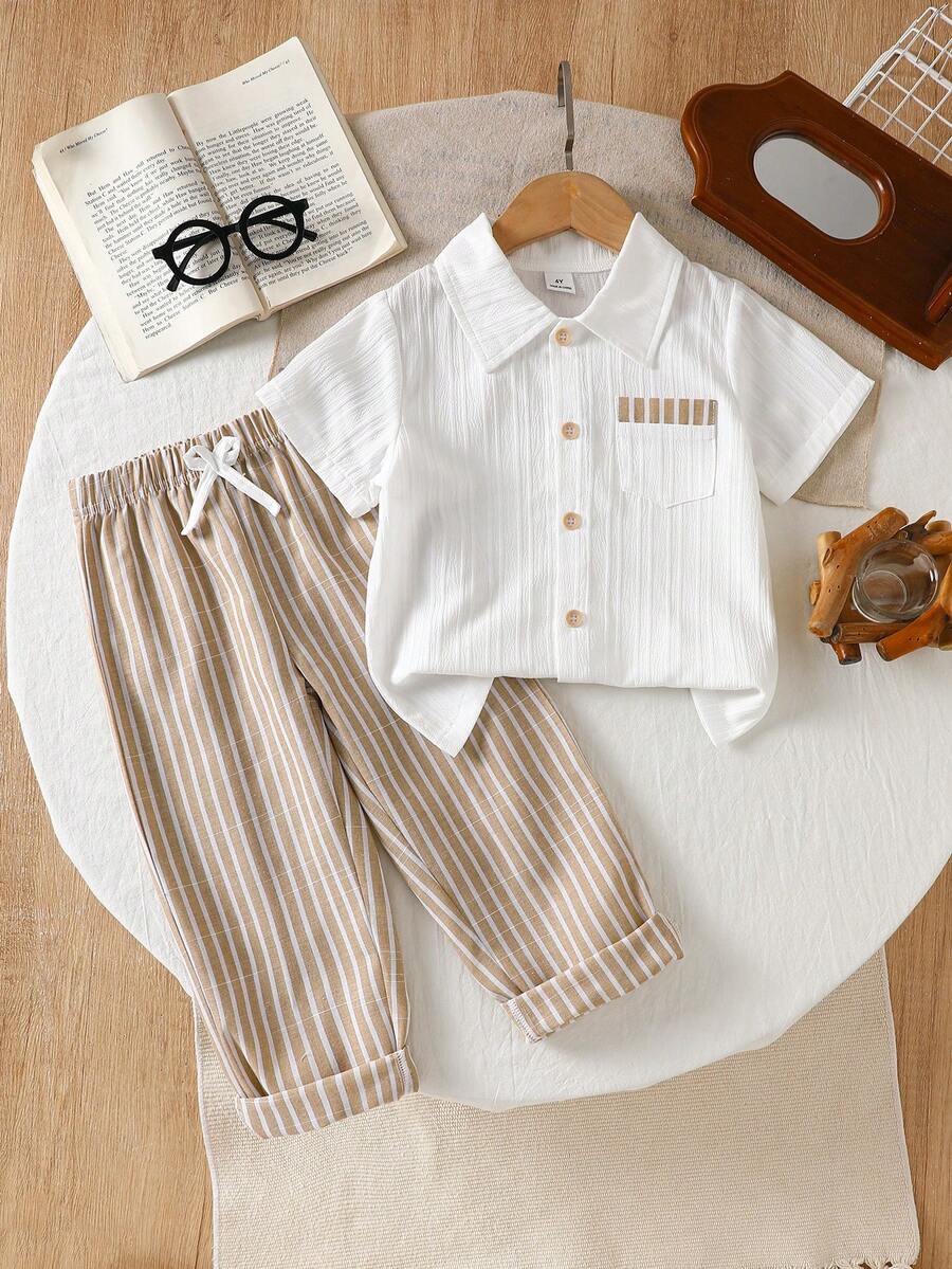 Souflis Souflis Young Girls' Summer Matching White & Khaki Casual Striped Pocket Decor Short Sleeve Shirt And Pants Set,Family Vacation Loose Comfortable Fit Outfit - White - View 1