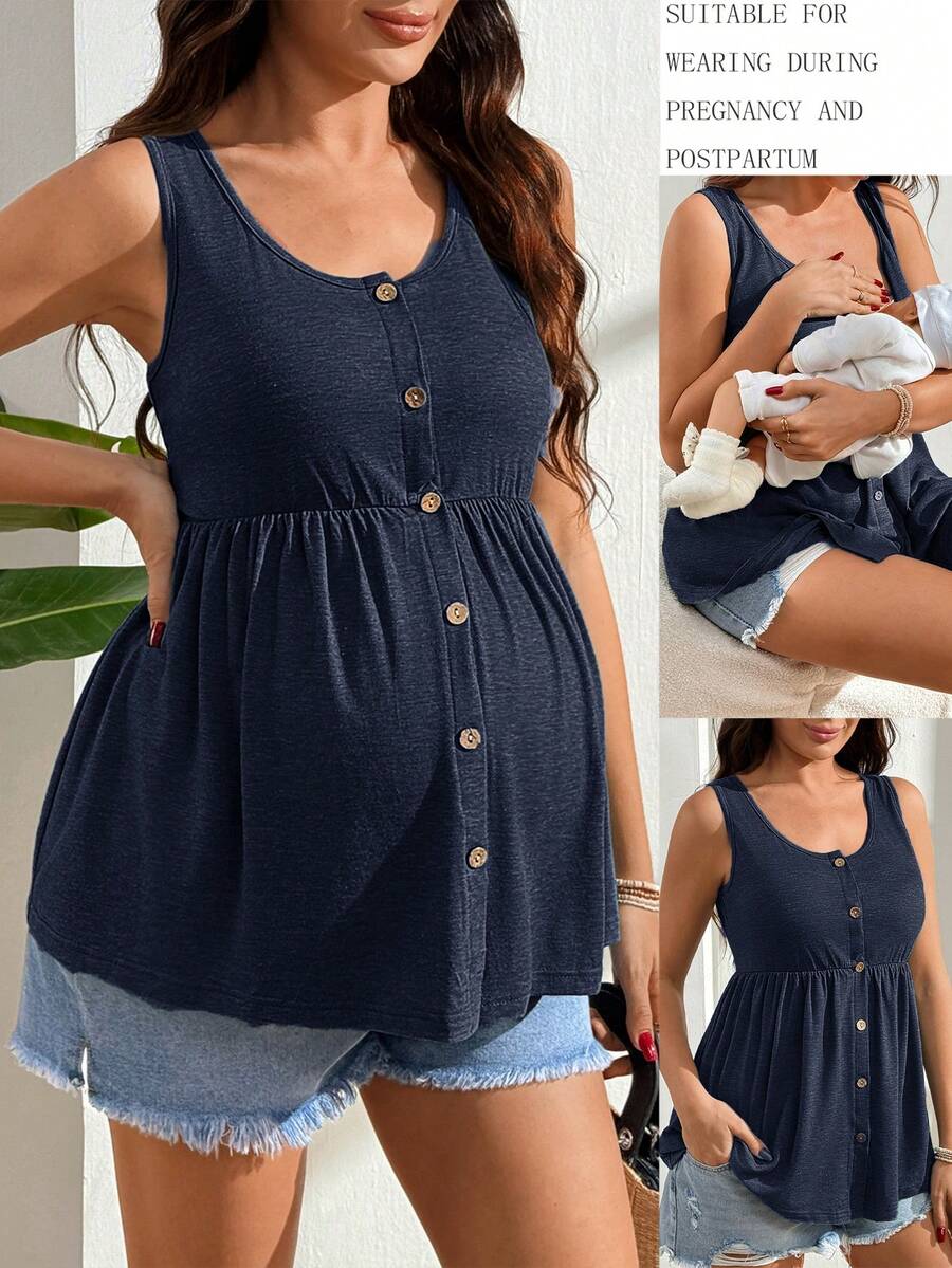 SHEIN Áo cho con bú dáng suông, màu trơn, một hàng cúc, kiểu dáng thường ngày, dành cho phụ nữ mang thai. - Màu xanh lam - Xem 1