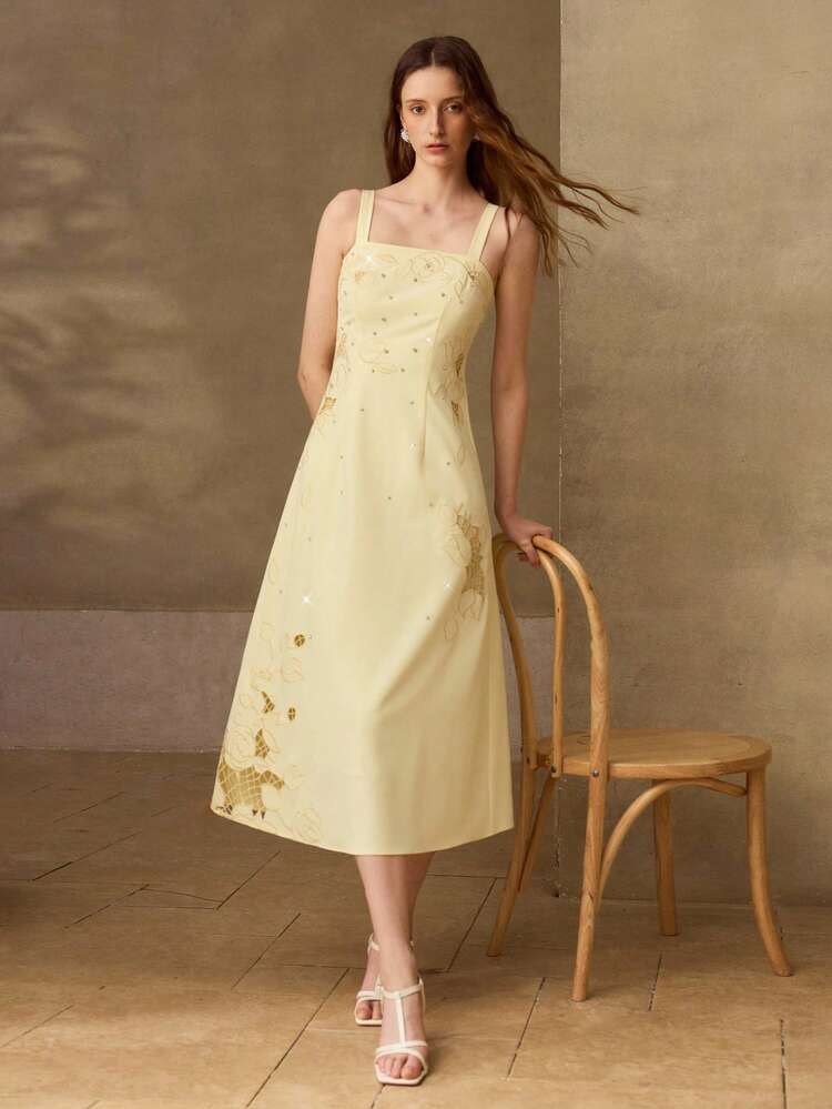 HOLLOW EMBROIDERED SPARKLING RHINESTONE ELEGANT MIDI DRESS
