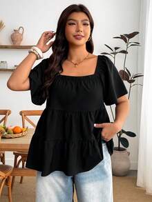 Enliva Blusa de talla grande con cuello cuadrado, ajuste holgado, volantes en capas y manga corta, para Body tipo manzana y redondeado - Negro - Ver 5