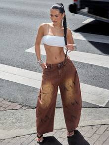 Denimoi Wide Barrel Leg Unique Washed Denim Jeans Fashionable Streetwear - Brown - View 2