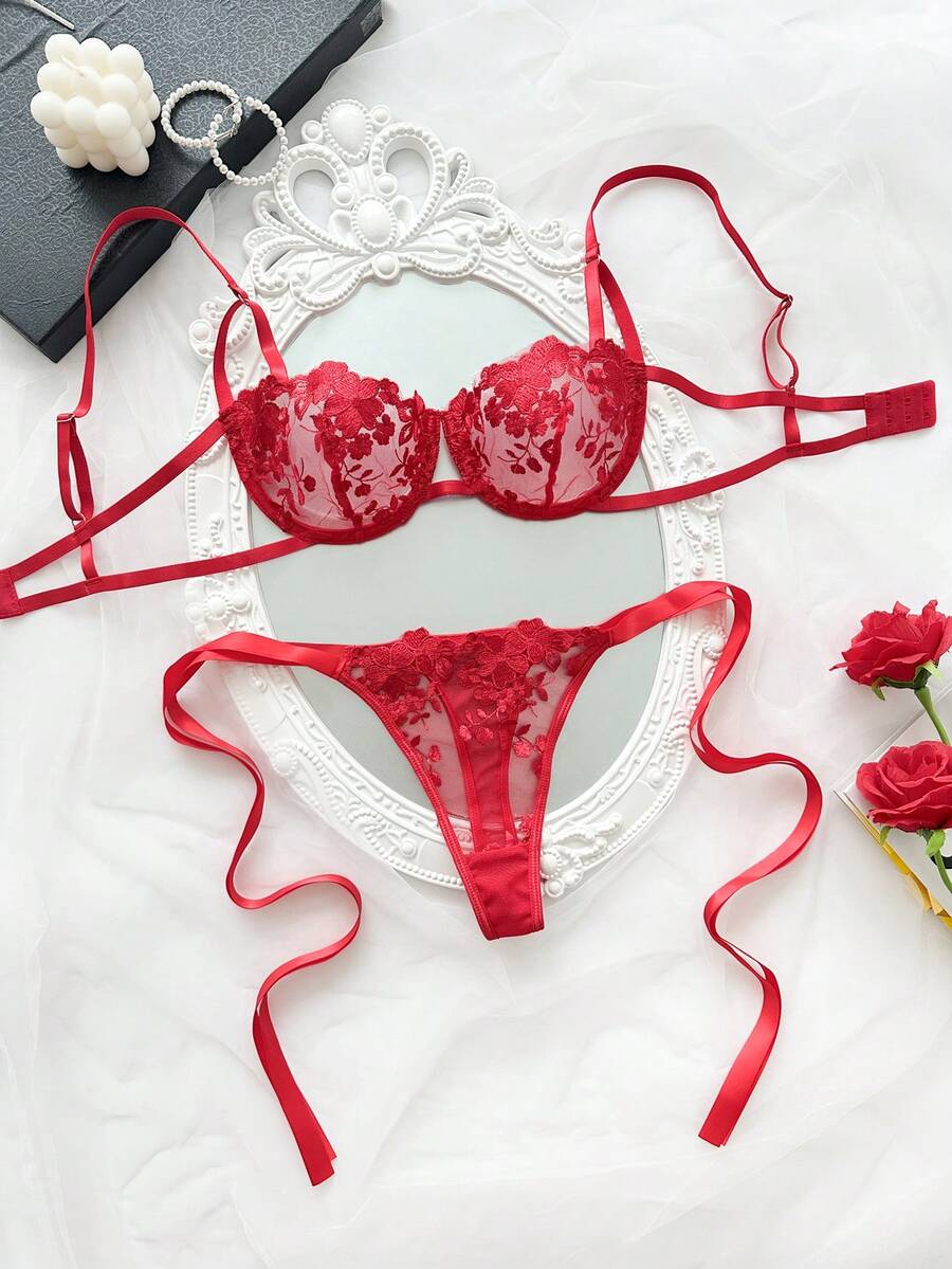 2 piezas Conjunto de lencería con cordones y bordados en azul cielo para mujeres - Rojo - Ver 1