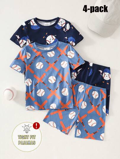 SHEIN GraphicGems 4-Piece Boys Toddler Round Neck Short Sleeve Shorts Summer Navy And Light Blue Cartoon Baseball And Bat Print Snug Fit Pajamas Made From Soft Breathable Knit Fabric With High Stretch For Maximum Comfort Casual Homewear Sleepwear Set For Everyday Lounging Kids Sleep Set Cozy Flexible Gentle On Skin Stylish Modern Design